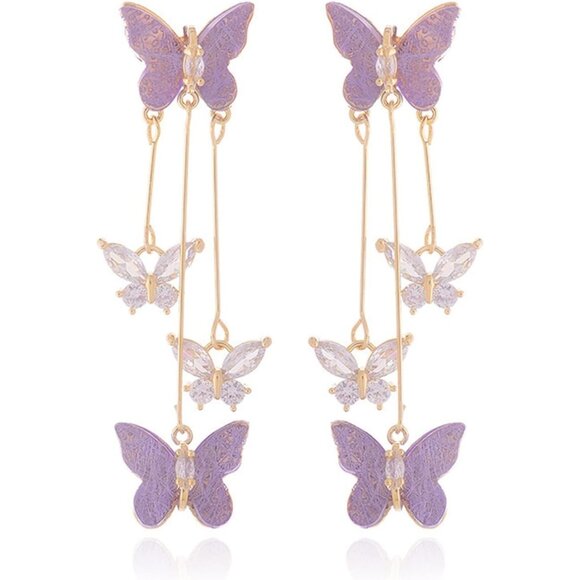 Women's Purple Tassel Style Zircon Lightweight Butterfly Crystal Dangle Earring - Picture 4 of 8